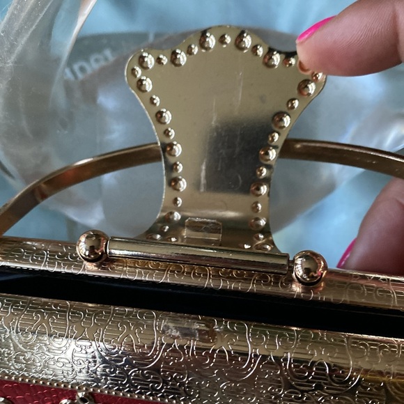 New handheld cylinder shape metal red embellished clutch  bag